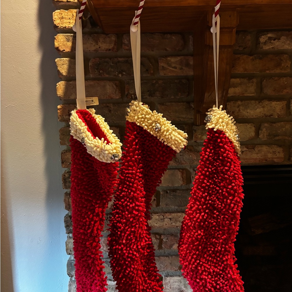 New/Set of 3 Red and White Chenille Stockings w/Silver Bells.